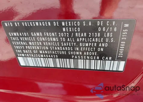 2016 Volkswagen Jetta 1.4T S z USA, uszkodzony, nr VIN 3VW167AJ2GM404439